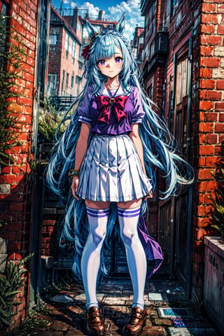 masterpiece, best quality, mejiro ardan \(umamusume\), full body, buildings, tracen school uniform, summer uniform, serafuku, sailor collar, bowtie, puffy short sleeves, sailor shirt, purple shirt, white skirt, pleated skirt, miniskirt, white thighhighs, brown footwear, shoes,