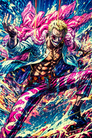 1boy, doflamingo, boa_coat, action_pose, string, smile, sunglasses, teeth 