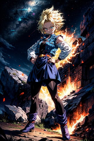 1girl, (glowing body:1.4), (body whole covered by yellow light like super saiyan:1.4), super saiyan, blue eyes, boots, brown footwear, earrings, jewelry, outstretched arm, outstretched hand, pantyhose, standing, hand on hip, denim, black shirt, blonde hair, short hair, sleeveless jacket, denim jacket, denim skirt, solo, skirt, belt, brown belt, striped sleeves, closed mouth, long sleeves, Akira Toriyama, rocks, high rocks, wilderness, blue sky, full body, looking at viewer, , android 18,