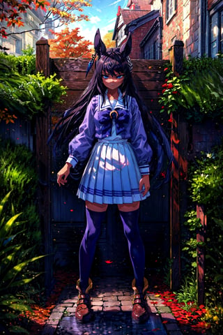 masterpiece, best quality, symboli kris s \(umamusume\), outdoor, autumn, full body, crossed arms, looking away, tracen school uniform, winter uniform, puffy long sleeves, sailor collar, purple shirt, white bowtie, horseshoe ornament, purple skirt, pleated skirt, purple thighhighs, brown footwear, loafers,