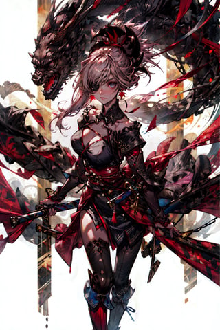 masterpiece, best quality, high resolution, Saber2, Advanced Clothing, 1girl, solo, weapon, holding, sword, dual wielding, holding sword, holding weapon, cleavage, hair ornament, eyepatch, looking at viewer, unsheathed, standing, long hair, sheath, fire, collarbone, medium breasts, swept bangs, autumn leaves, closed mouth, FGOMusashi:0.8