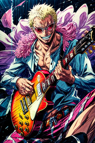 Absurd, high resolution, super detailed backgrounds, 1boy, Doflamingo, playing guitar, Gibson Les Paul,Doflamingo,doflamingo