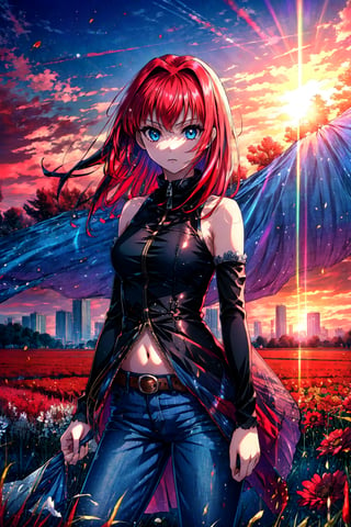 masterpiece, best quality, highres, eeaoko, long hair, red hair, bare shoulders, sleeveless shirt, dress shirt, detached sleeves, black sleeves, zipper, navel, belt, jeans, , cowboy shot, standing, field, sunset, looking at viewer,