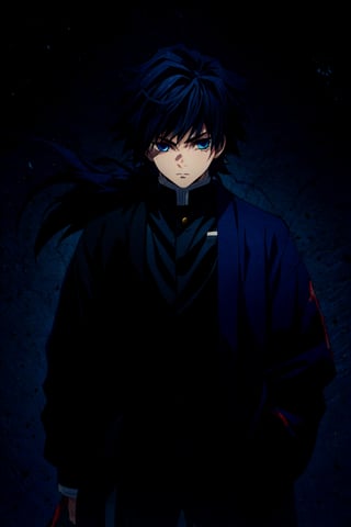 tomioka giyuu, demon slayer, 1boy, solo, upper body, blue background, emphasis lines, looking at viewer, long hair, blue eyes, black hair, standing, jacket, male focus, japanese clothes, black jacket, demon slayer uniform,