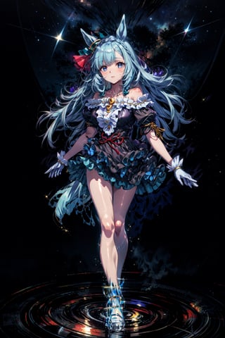 masterpiece, best quality, mejiro ardan \(umamusume\), full body, (glassed legs:1.4), night sky, starry sky, from above, ear ornament, black gloves, white gloves, asymmetrical gloves, mismatched gloves, detached sleeves, puffy sleeves, uneven sleeves, asymmetrical sleeves, ribbon, bare shoulders, off-shoulder dress, black dress, frilled dress, center frills,midjourney