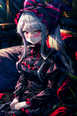 long hair,looking at viewer,blush,bangs,red eyes,long ,sleeves,dress,bow,ribbon,sitting,very long hair,closed mouth,ponytail,hair bow,gray hair,sidelocks,frills ,striped,black dress,neck ribbon,frilled dress,lolita fashion,striped bow,gothic lolita,vampire,bonnet