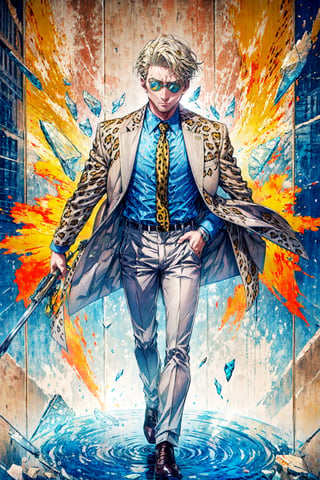 masterpiece, best quality, absurdres, NanamiBase, goggles, grey jacket, yellow necktie, leopard print, blue shirt, collared shirt, grey pants, ,  IncrsBrknGls, broken glass, reflection