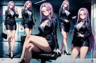 MedCas, 1girl, long hair, looking at viewer, smile, skirt, large breasts, shirt, long sleeves, holding, cleavage, sitting, purple eyes, jacket, full body, purple hair, ass, thighs, glasses, shiny, miniskirt, black footwear, high heels, legs, multiple views, formal, crossed legs, suit, pencil skirt, page number, office lady, business suit, teacher, skirt suit, pointer, multiple views,