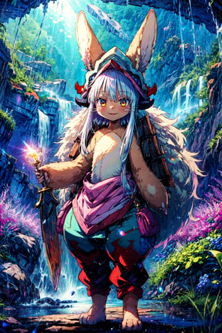  1girl, solo, furry, nanachi \(made in abyss\), nanachihat, nanachipants, standing, looking at viewer, smile, (animal_ear:1.1) ,(nanachi:1.3)