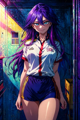 ((best quality)), ((highly detailed)), masterpiece, (detailed eyes, deep eyes), (1girl), cowboy shot, , midnightmha, boku no hero academia, purple hair, very long hair, sky blue eyes, smile, , my_hero_academia_gym_uniform, blue uniform, , inside, in a locker room