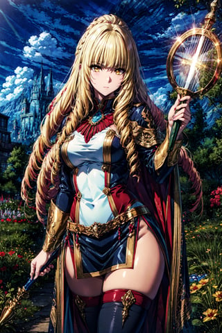 "long shot scenic professional photograph of masterpiece, best quality, (fantasy illustration:1.3), field, destruction field, wide hips, thighhighs, dress, cape, staff, looking at viewer, cinematic, spotlight, , perfect viewpoint, highly detailed, wide-angle lens, hyper realistic, with dramatic sky, polarizing filter, natural lighting, vivid colors, everything in sharp focus, HDR, UHD, 64K"",,", rose_oriana_(kage_no_jitsuryokusha_ni_naritakute!), (blonde hair:1.4), yellow eyes, drill hair, twin drills,CLOUD