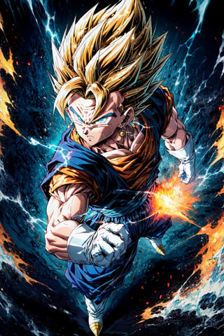 from above,one boy focus, vegetto, super saiyan, looking at viewer,fighting stance, flying, blonde spiked hair, blue eyes, dougi, white boots, white gloves, pectorals, surrounded by yellow lightning, dramtic lighting,