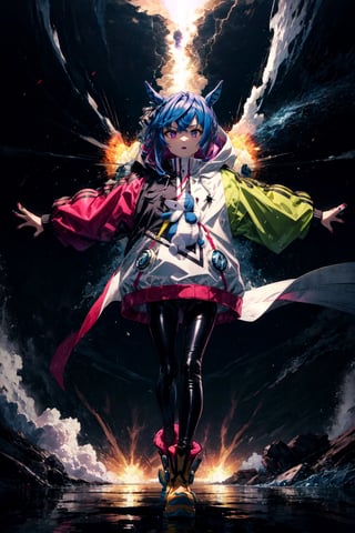 masterpiece, best quality, twin turbo \(umamusume\), full body, explosion, aura, lightning, electricity, outstretched arms, stuffed bunny, hoodie, hood down, hooded coat, puffy long sleeves, multicolored clothes, multicolored jacket, drawstring, nail polish, black bodysuit, ankle boots, yellow footwear,CLOUD