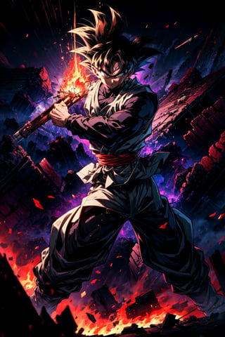 ((masterpiece, best quality)),(complex light),absurdres, highres, 1boy,solo,fighting stance, goku black,black hair,black eyes, ,destroyed debris background,smirk, fire,