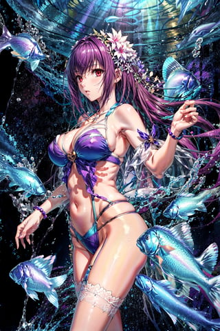 masterpiece, best quality, high resolution, R3, 3rdSwimsuit, 1girl, solo, fish, garter,