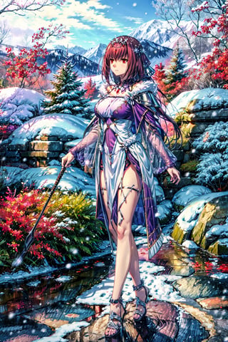 masterpiece,best quality,1girl,mature female,scathach skadi \(fate\),CasterFinalOutfit,C3,serious,light frown,walking,looking to the side,outdoors,(snow),snowing,snowflakes,snowstorm,forest,from side,