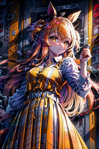 masterpiece, best quality, mayano topgun \(umamusume\), long sleeves, white shirt, plaid skirt, pleated skirt, yellow skirt, white belt, belt buckle, yellow vest, orange skirt,