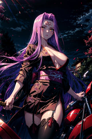 (masterpiece:1.4), (best quality:1.4), 1girl, , medusa (rider) (fate),long hair, medusa (fate), purple hair, solo, yellow eyes,large breasts, very long hair, night, thighhighs, (kimono), 2katana, lingerie,