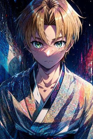 masterpiece, best quality, high quality, 1boy, solo, male focus, looking at viewer, upper body, , rudeus_greyrat, , yukata