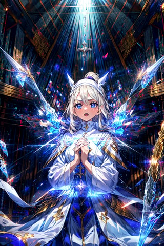 masterpiece,best quality,highres,1girl,,crystalized aura,beacon of light,in the confessional,blue eyes,praying,own hands together,church,white nun clothes,portrait,cowboy shot,holy light,silver hair ornaments,alternative2,evolved,looking at viewer,open mouth,questioning