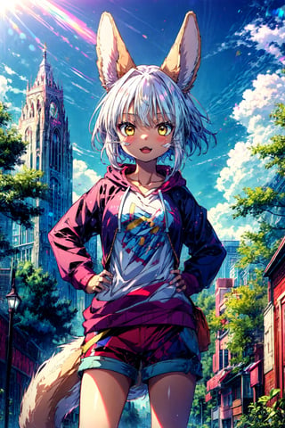 1girl, solo, furry, fluffy, brown fur, short hair, nanachi \(made in abyss\), animal ears, tail, yellow eyes, hoodie, shorts, t-shirt, hand on hip, :3, open mouth, standing, looking at viewer, outdoors, city 