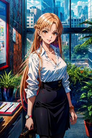 ((best quality)), ((highly detailed)), masterpiece, ((official art)), ( aaasuna, Asuna Yuuki, long hair, orange hair, red hair, ,orange brown eyes), (office:1.3), (window, indoors, plant), (seductive smile), (hoop earrings), (high-waist skirt:1.2), (black skirt), (collarbone, cleavage) , (lips:1.2), (narrow_waist:1.2) , wristwatch, skirt, solo, (cowboy shot:1.2), standing, pencil skirt,collared shirt, (office lady), (white shirt:1.2), (formal:1.1), shirt tucked in, (skirt suit), black pantyhose, dress shirt, intricately detailed, hyperdetailed, blurry background, depth of field, best quality, masterpiece, intricate details, tonemapping, sharp focus, hyper detailed, trending on Artstation, 1 girl, high res, official art,