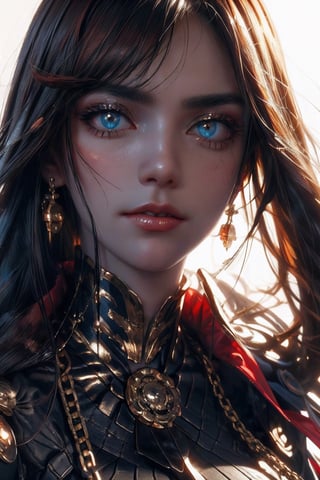 (detailed face and eyes:1.3),,oda_biig,large breasts,red eyes,black bodysuit,red hair,chain,collared cape,,white background,inkUltra-detail,(highres:1.1),best quality,(masterpiece:1.3),cinematic lighting,