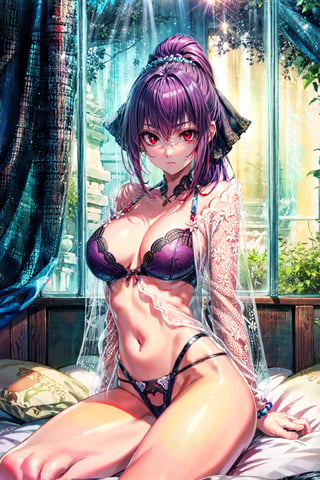 fgoskadi, , skadi, long hair, purple hair, (red eyes:1.5), ponytail, hair ribbon, ribbon, BREAK lingerie, BREAK indoors, bed, BREAK looking at viewer, BREAK , (masterpiece:1.2), best quality, high resolution, unity 8k wallpaper, (illustration:0.8), (beautiful detailed eyes:1.6), extremely detailed face, perfect lighting, extremely detailed CG, (perfect hands, perfect anatomy),Circle