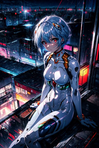 (masterpiece, best quality, detailed), 1girl, solo, pikkyayanami, looking at viewer, blue hair, short hair, bangs, red eyes, breasts, small breasts, white bodysuit, plugsuit, bodysuit, interface headset, pilot suit, sitting, arm support, outdoors, rooftop, cityscape, night, scenery, railing