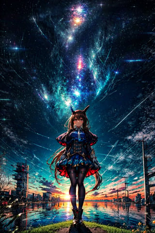 masterpiece, best quality, admire vega \(umamusume\), starry sky, night, horizon, standing, looking up, white necktie, skirt, long sleeves, white footwear, thigh strap, black pantyhose, boots, shirt, puffy sleeves, pleated skirt, buttons, corset, capelet, fingerless gloves, black gloves, mismatched footwear ,CLOUD