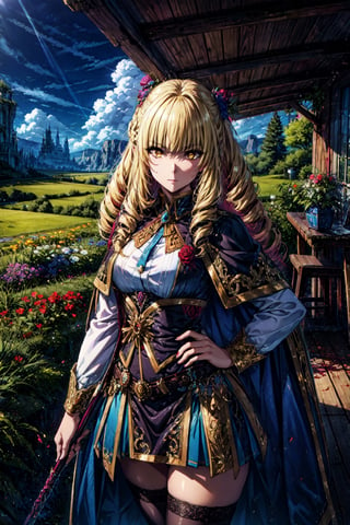 "long shot scenic professional photograph of masterpiece, best quality, (fantasy illustration:1.3), field, destruction field, wide hips, thighhighs, dress, cape, staff, looking at viewer, cinematic, spotlight, , perfect viewpoint, highly detailed, wide-angle lens, hyper realistic, with dramatic sky, polarizing filter, natural lighting, vivid colors, everything in sharp focus, HDR, UHD, 64K"",,", rose_oriana_(kage_no_jitsuryokusha_ni_naritakute!), (blonde hair:1.4), yellow eyes, drill hair, twin drills,CLOUD