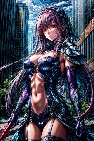 scathach, , scathach, long hair, purple hair, (red eyes:1.5), BREAK armor, bodysuit, covered navel, pauldrons, shoulder armor, veil,, BREAK outdoors, city, BREAK looking at viewer, BREAK , (masterpiece:1.2), best quality, high resolution, unity 8k wallpaper, (illustration:0.8), (beautiful detailed eyes:1.6), extremely detailed face, perfect lighting, extremely detailed CG, (perfect hands, perfect anatomy),FGO