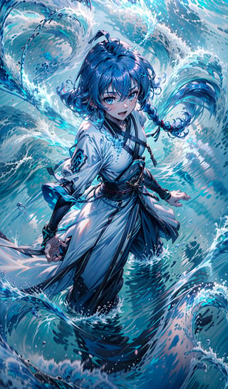 best quality, (masterpiece:1.2), detailed,,1girl, solo, open mouth, light smile, light blush,twin braids, long hair, blue hair, ahoge, blue eyes,white bikini, small breasts,(in water:1.2), standing, looking at the viewer, from above,ocean, water, splash