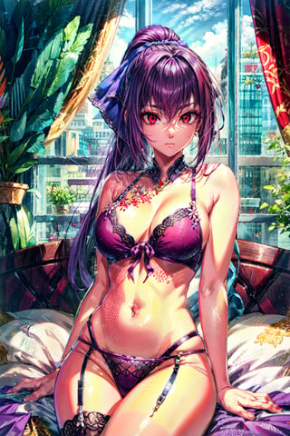 fgoskadi, , skadi, long hair, purple hair, (red eyes:1.5), ponytail, hair ribbon, ribbon, BREAK lingerie, BREAK indoors, bed, BREAK looking at viewer, BREAK , (masterpiece:1.2), best quality, high resolution, unity 8k wallpaper, (illustration:0.8), (beautiful detailed eyes:1.6), extremely detailed face, perfect lighting, extremely detailed CG, (perfect hands, perfect anatomy),Circle