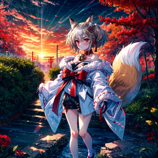 1girl, standing, long shot, light smile, despair, (highres, realistic, best quality, masterpiece, ultra-detailed, textured, ambient lighting, cinematic lighting), animal ears ,1girl , fox ears, animal ear fluff ,bangs , red eyes , multicolored hair , twintails , animal ear fluff ,brown hair , hair ornament ,bell , solo , looking at viewer ,braid ,neck bell , fox girl , jingle bell ,gloves , fur trim , ribbon ,two-tone hair ,japanese clothes ,off shoulder ,bare shoulders ,collar ,bow ,long sleeves , streaked hair ,blush , black gloves , tail ,white hair , fox tail , kimono ,wide sleeves , red bow , red ribbon ,multiple tails , red hair , collarbone , hair ribbon , short hair , choker , socks , shorts , ribbon trim , sash , black shorts , rope , small breasts , white kimono , fur-trimmed sleeves , tabi , black footwear , black socks , gradient hair , v-shaped eyebrows , dress ,sandals , hair between eyes , obi , medium hair , grey hair , thick eyebrows , short twintails , strapless , sweat , shimenawa , outdoors , fur-trimmed kimono kitsune,white half sun,cloud,white background,orange sky, lens flare, back lighting,