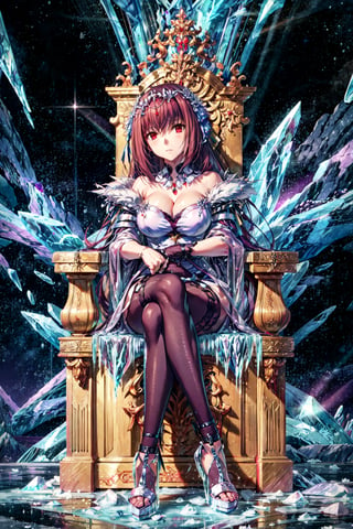 masterpiece,best quality,1girl,mature female,scathach skadi \(fate\),DefaultOutfit,C1,expressionless,sitting,crossed legs,ice throne,palace interior,(ice palace),ice,