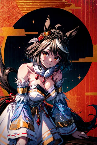 masterpiece, best quality, highres, smile, patterned background, looking at viewer, (large breasts:0.8), cckitasan, animal ears, short hair, streaked hair, braid, ear ornament, horse tail, white dress, detached sleeves, , (closed mouth:0.6), from below, (leaning forward:1.2),