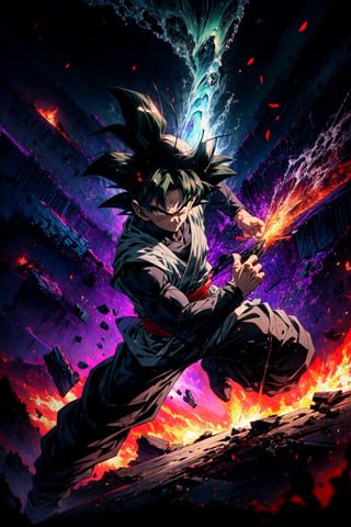 ((masterpiece, best quality)),(complex light),absurdres, highres, 1boy,solo,fighting stance, goku black,black hair,black eyes, green fire destroyed debris background,smirk, 