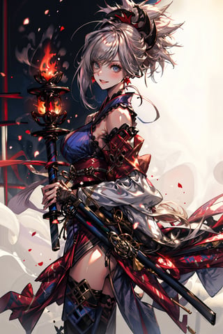 masterpiece,best quality,1girl,miyamoto musashi \(fate\),Saber1,detached sleeves,Default Kimono,wide hips,smile,katana,east asian architecture,from side,cowboy shot, FGOMusashi:0.9,