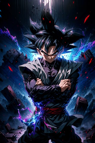 ((masterpiece, best quality)),(complex light),absurdres, highres, 1boy,solo,fighting stance, goku black,black hair,black eyes,blue fire destroyed debris background,smirk,