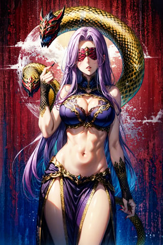 ,MedGorg, 1girl, solo, long hair, large breasts, navel, cleavage, bare shoulders, very long hair, purple hair, thighs, parted lips, lips, fingernails, parted bangs, clothing cutout, mask, cleavage cutout, monster girl, red background, claws, pelvic curtain, snake, blindfold, scales, hip vent, bustier, snake hair,CLOUD