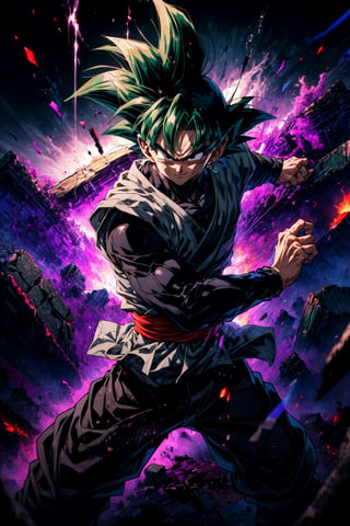 ((masterpiece, best quality)),(complex light),absurdres, highres, 1boy,solo,fighting stance, goku black,black hair,black eyes, green fire destroyed debris background,smirk, 