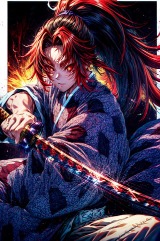 Kokoshubi 1man , long hair ponytail with red highlight , fight stance , stiing with katana in hand ,kbkatana ,master piece , rim light , best quality, extremely detailed, detailed background