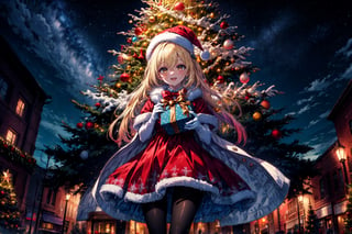 masterpiece,blonde hair, long hair,best quality,highres,cinematic lighting,dramatic angle,1girl,light blue hair,orange eyes,MiyakoChristmas,happy,,white and red dress,thick coat,fur trim,ribbons,bowtie,hat,pantyhose,gloves,holding gift box,christmas streetscape,christmas trees,stars,presenting gift box to viewer,:d,