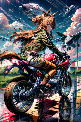 masterpiece, best quality, mayano topgun \(umamusume\), dog tags, navel, brown thighhighs, midriff, yellow crop top, bomber jacket, white short shorts, green jacket, boots, brown footwear, open jacket, ground vehicle, motorcycle, military vehicle, riding, from side, airplane, aircraft, cloud,