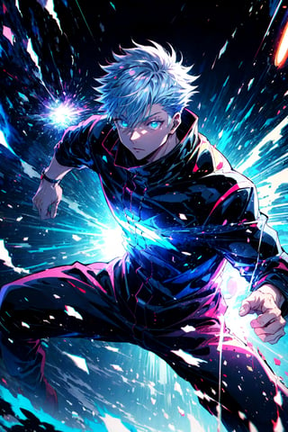 (masterpiece,best quality), 1boy, muscular,fighting stance,mecha, Jujutsu Kaisen , (action shot, speed lines,glowing circle,glowing lines,illustration,) satoru gojo,white hair,short hair,hair between eyes,blue eyes,colored eyelashes,