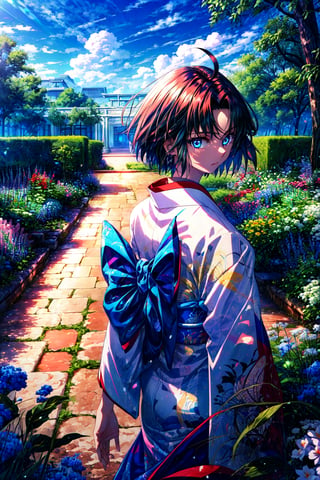 masterpiece, best quality, highres, hmshiki, short hair, ahoge, blue eyes, white kimono, , outdoors, standing, cowboy shot, garden, from behind, looking at viewer,