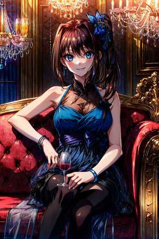 masterpiece, best quality, highres, ddaoko, long hair, brown hair, side ponytail, hair ornament, bare shoulders, blue dress, black bow, bracelet, black pantyhose, , indoors, sofa, sitting, chandelier, holding glass, wine glass, smile