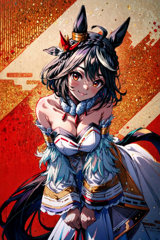 masterpiece, best quality, highres, smile, patterned background, looking at viewer, (large breasts:0.8), cckitasan, animal ears, short hair, streaked hair, braid, ear ornament, horse tail, white dress, detached sleeves, , (closed mouth:0.6), from below, (leaning forward:1.2),