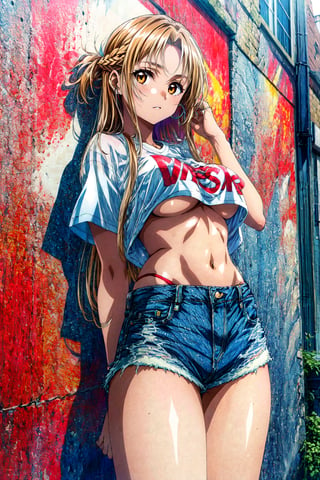 masterpiece, best quality, highres, aaasuna, long hair, brown hair, braid, brown eyes, , street, underboob, t-shirt, denim shorts, short shorts, highleg panties,